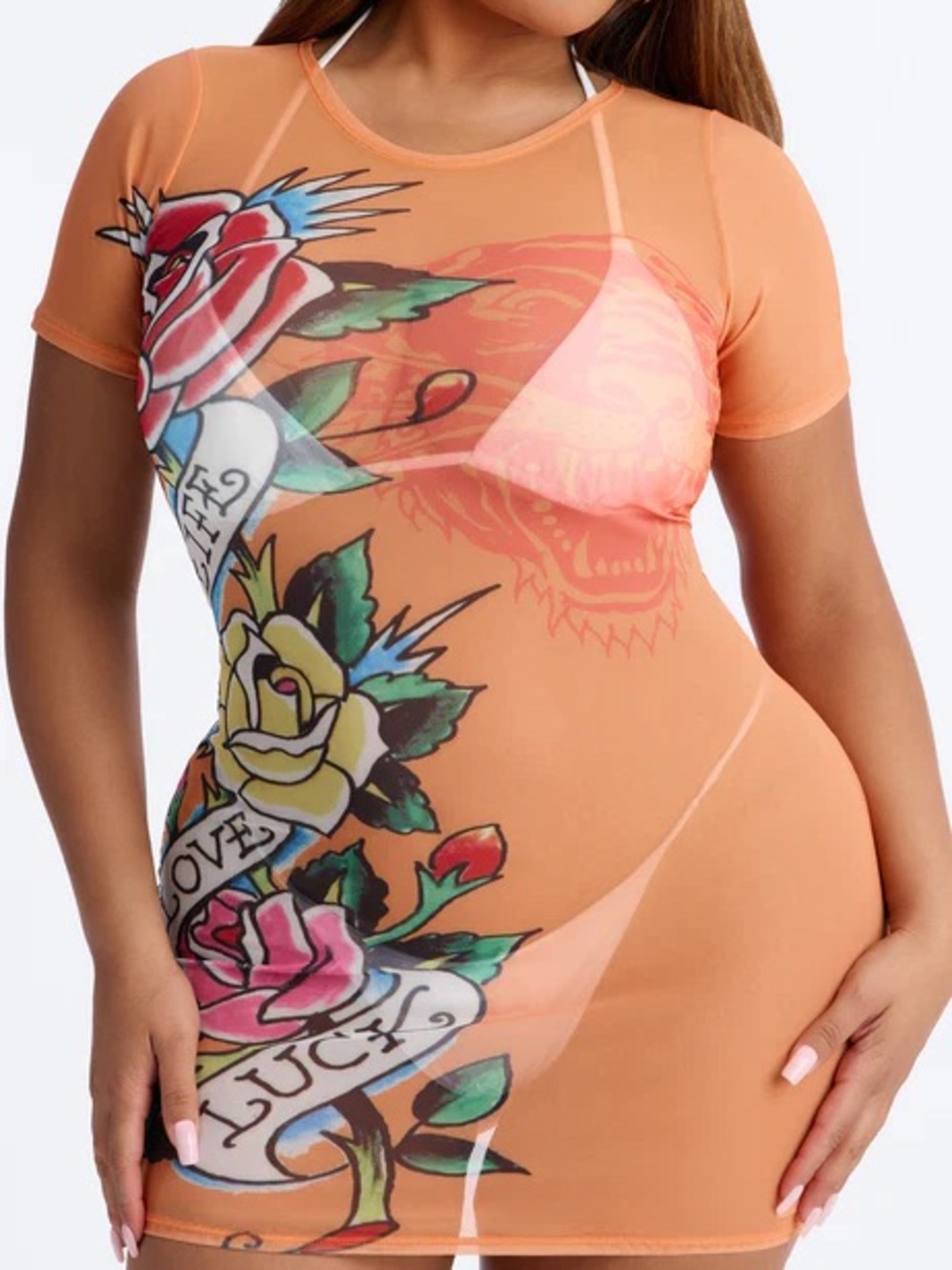 Ed Hardy Orange Sheer Tattoo-Print Swim Coverup